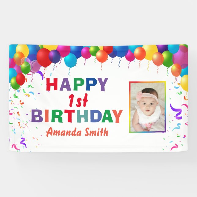 Lona Feliz 1° cumpleaños de colores globos blancos (Horizontal)