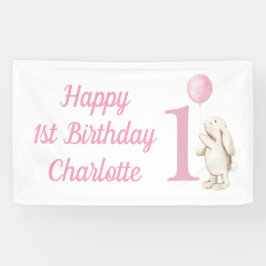 Lona Feliz 1er cumpleaños Bunny Balloon Pink