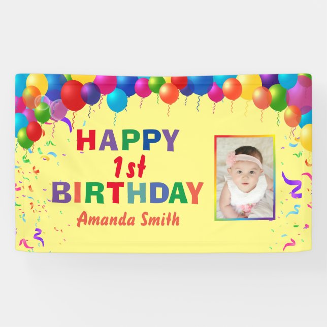 Lona Feliz 1er cumpleaños Coloridos globos amarillos (Horizontal)