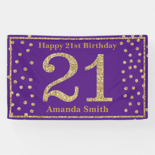 Lona Feliz 21 cumpleaños Banner Purpurina morado y oro