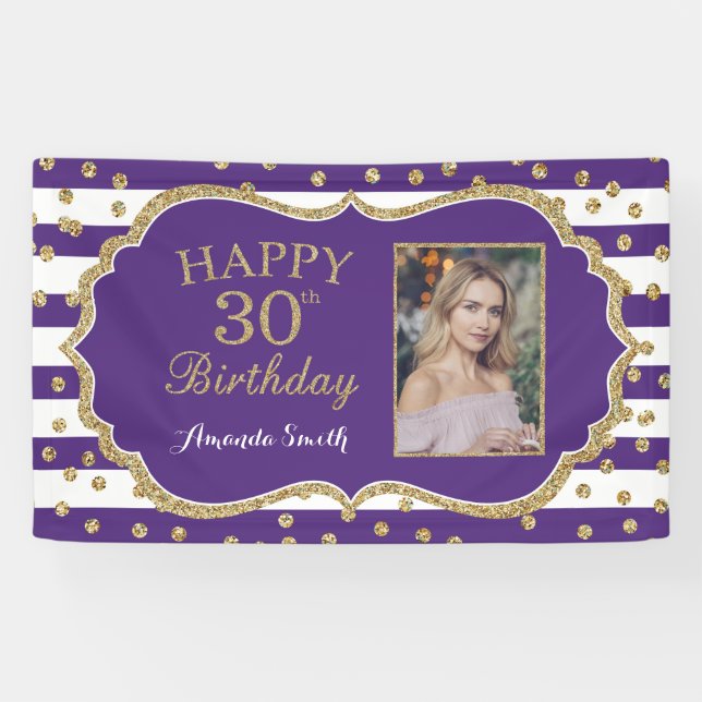 Lona Feliz 30 aniversario Banner Purple Gold Photo (Horizontal)