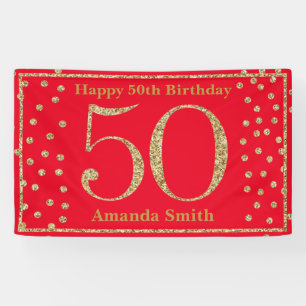 Lona Feliz 50 aniversario Banner Purpurina rojo y oro