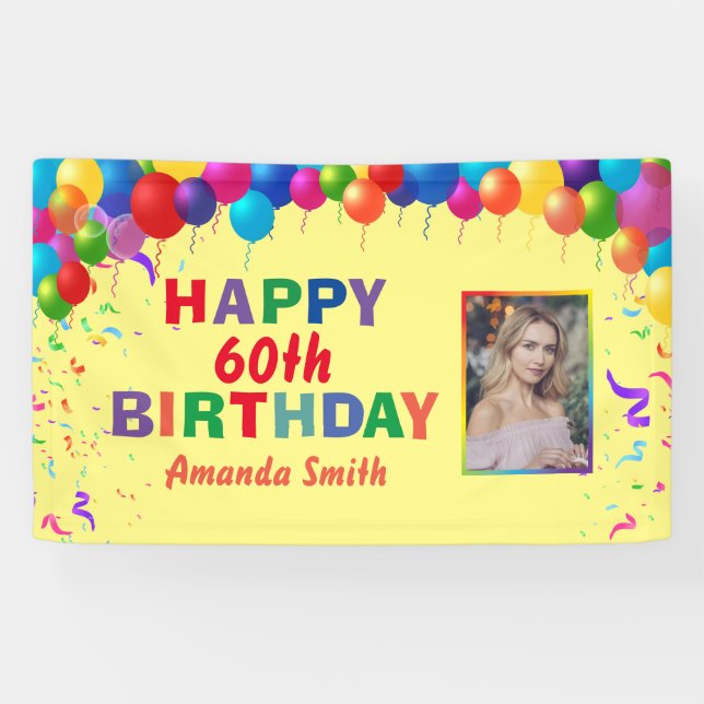Lona Feliz 60 cumpleaños, coloridos globos amarillos (Horizontal)