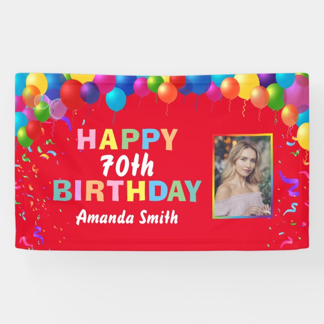 Lona Feliz 70 aniversario de los coloridos globos rojos (Horizontal)