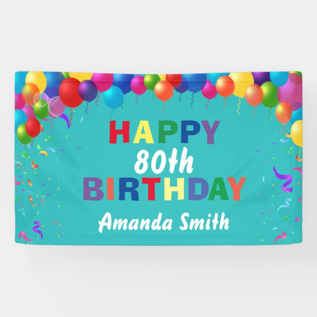 Lona Feliz 80.º cumpleaños Verde azulados globos colori (Horizontal)