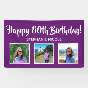 Lona Feliz 80 cumpleaños morado personalizado 3 fotos