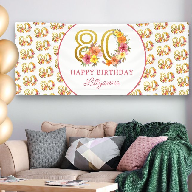 Lona Feliz 80 cumpleaños número de oro floral 80 (80th Birthday Banner from my Floral Number Birthday Party Collection)