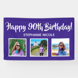 Lona Feliz 90 cumpleaños morado personalizado 3 fotos