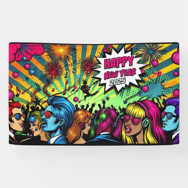 Lona Feliz Año Nuevo 2025 Pop Art Style (Horizontal)