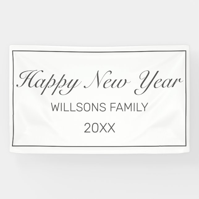 Lona Feliz Año Nuevo blanco Minimalista moderno negro (Horizontal)