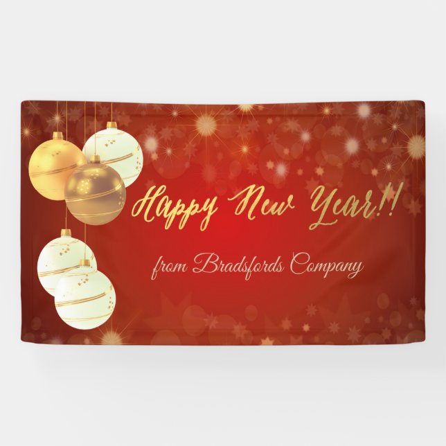 Lona Feliz Año Nuevo, Bolas de Navidad, Rojos (Horizontal)