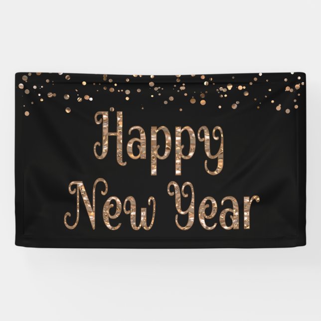 Lona FELIZ AÑO NUEVO Copper Gold Confetti Black (Horizontal)