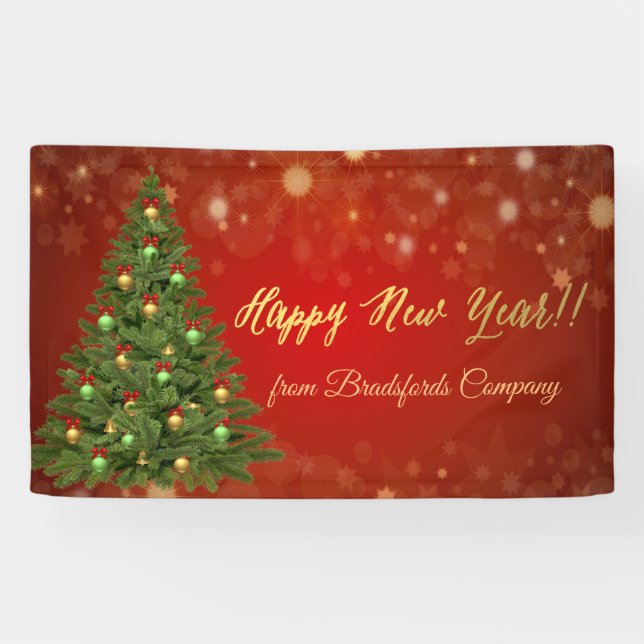 Lona Feliz Año Nuevo, Rojo, Árbol de Navidad (Horizontal)