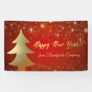 Lona Feliz año nuevo ,Rojo , árbol de Navidad dorado