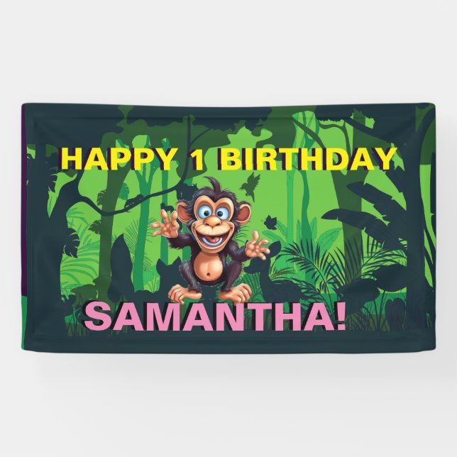 Lona FELIZ cartel de niños de la jungla de cumpleaños (Horizontal)