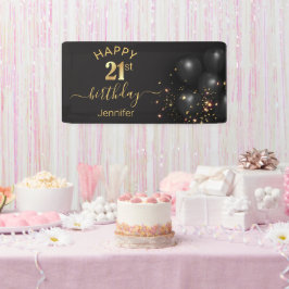 Lona feliz cumpleaños 21 globos negros de oro confetti
