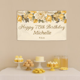 Lona Feliz cumpleaños 75 Amarillo Marfil Crema Floral