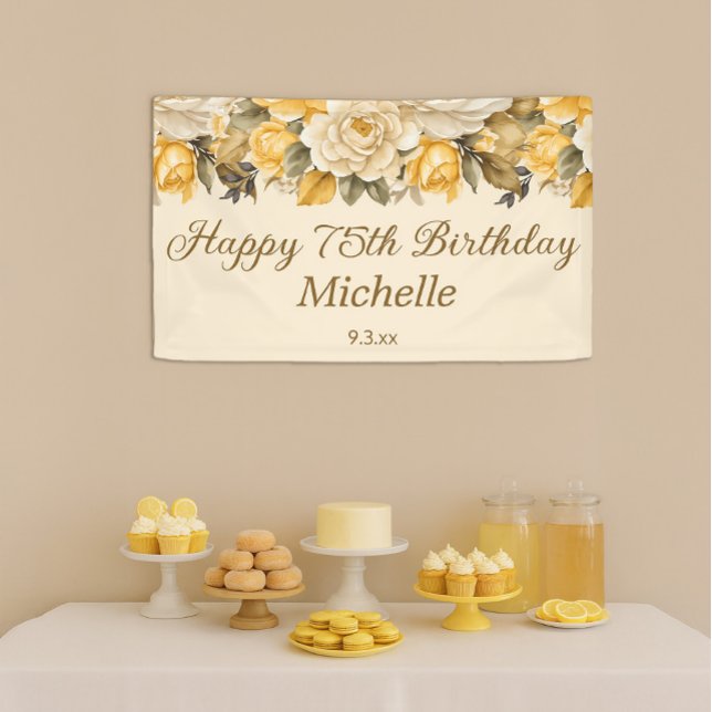 Lona Feliz cumpleaños 75 Amarillo Marfil Crema Floral (Yellow and cream-colored floral 75th birthday party banner)