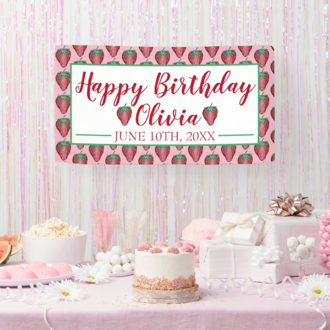 Lona Feliz cumpleaños Berries de fresa rosadas y dulces (Fiesta)