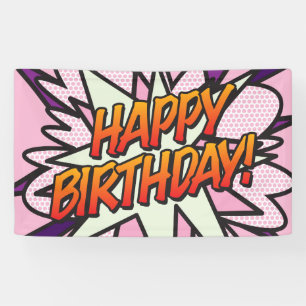 Lona FELIZ CUMPLEAÑOS Comic Book Pop Art Rosa