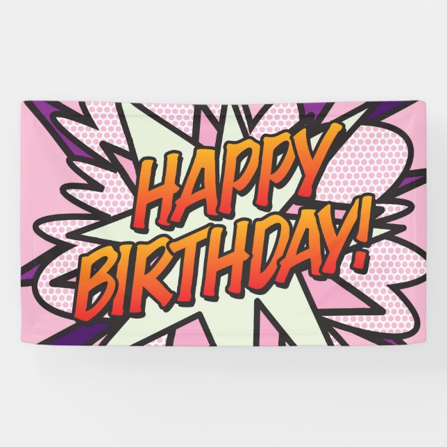 Lona FELIZ CUMPLEAÑOS Comic Book Pop Art Rosa (Horizontal)