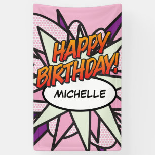 Lona FELIZ CUMPLEAÑOS Comic Book Pop Art Rosa