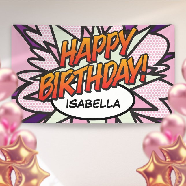 Lona FELIZ CUMPLEAÑOS Comic Book Pop Art Rosa (HAPPY BIRTHDAY Comic Book Pop Art Pink Banner)