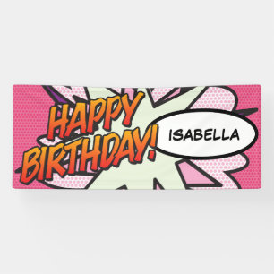 Lona FELIZ CUMPLEAÑOS Comic Book Pop Art Rosa