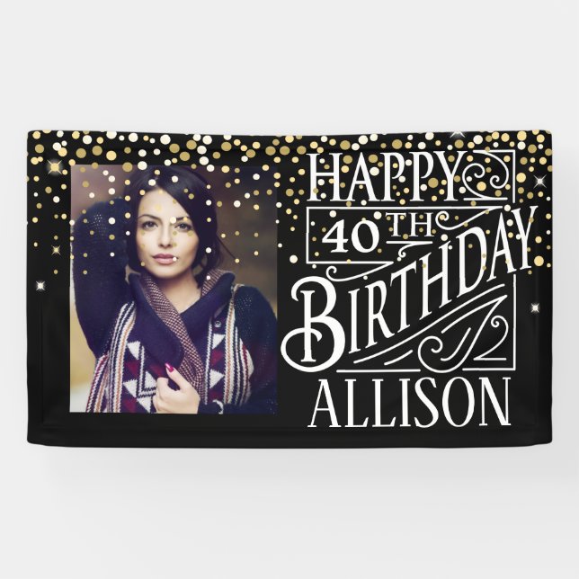 Lona Feliz cumpleaños con confetti dorado (Horizontal)