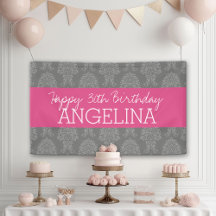 Feliz cumpleaños con Damasco rosa y gris de moda