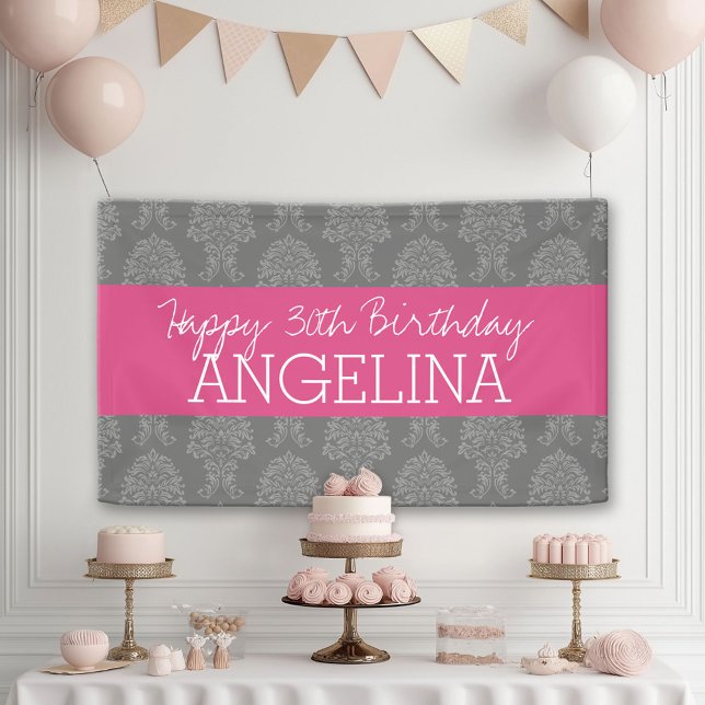 Lona Feliz cumpleaños con Damasco rosa y gris de moda (Custom Birthday Banner)