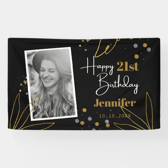 Lona Feliz cumpleaños cualquier año negro personalizado (Horizontal)