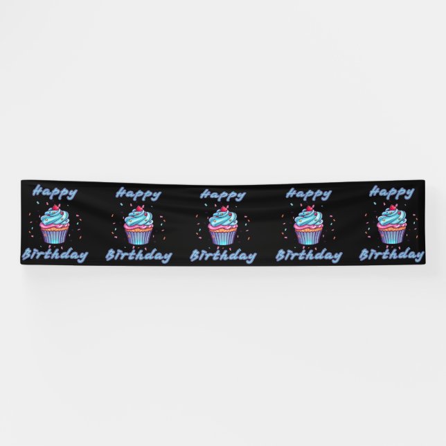 Lona Feliz Cumpleaños Cupcake Confeti 2.5x12 Vinilo (Horizontal)