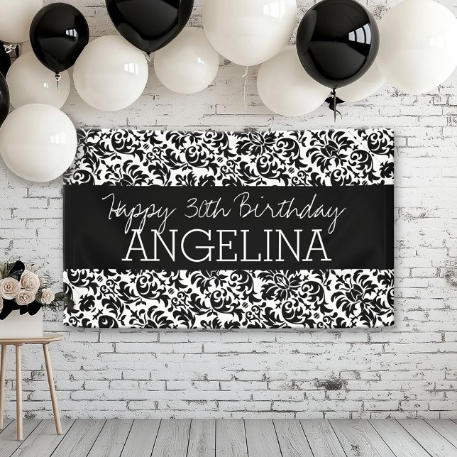 Lona Feliz cumpleaños Damasco blanco y negro - texto (Custom Birthday Banner)