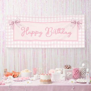 Lona Feliz Cumpleaños de cuadros rosas y blancos