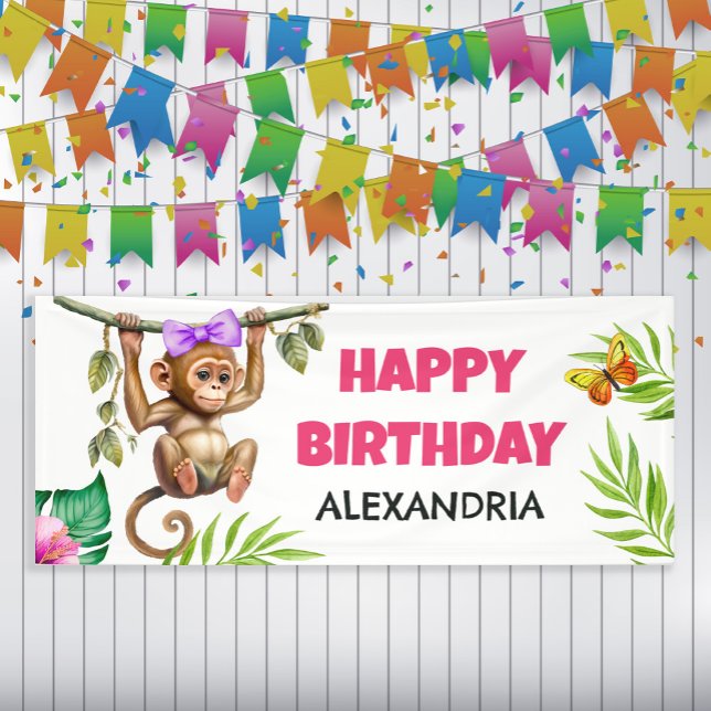 Lona Feliz cumpleaños de niño de la selva tropical mono (Subido por el creador)