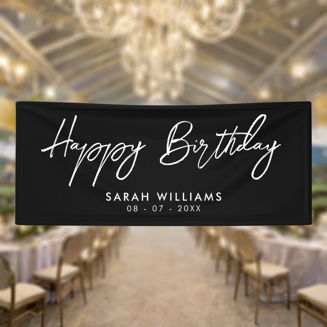 Lona Feliz cumpleaños, escritura moderna en blanco y ne (Subido por el creador)