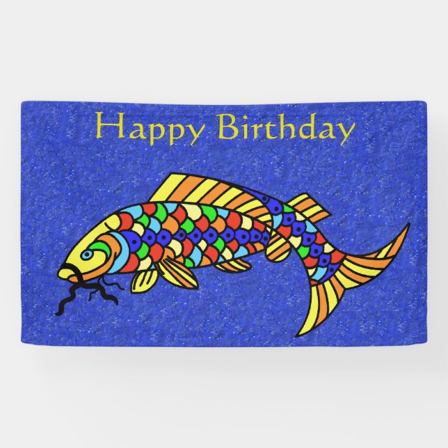 Lona Feliz cumpleaños Fancy Fish Colorful Scales Blue (Horizontal)