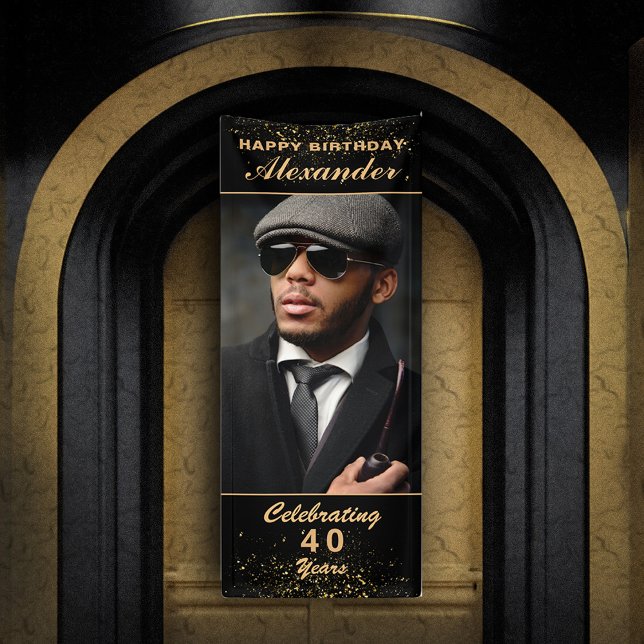 Lona Feliz cumpleaños, Fiesta de fotos, Personalizado n (Happy Birthday Photo Party Event Gold Black Custom Banner great for celebrating the birthday event. )