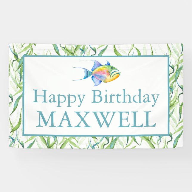 Lona Feliz cumpleaños Fiesta Rótulos niño pez tropical (Horizontal)