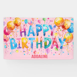 Lona Feliz Cumpleaños Niños Acuarela Rosa Naranja