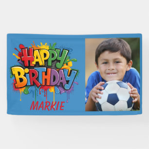 Lona Feliz Cumpleaños Niños Azul Amarillo Rojo Foto
