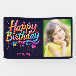Lona Feliz Cumpleaños Niños Foto Negro Naranja Rosa