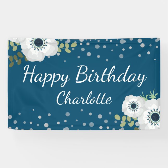 Lona Feliz cumpleaños nombre personalizado Floral azul (Horizontal)