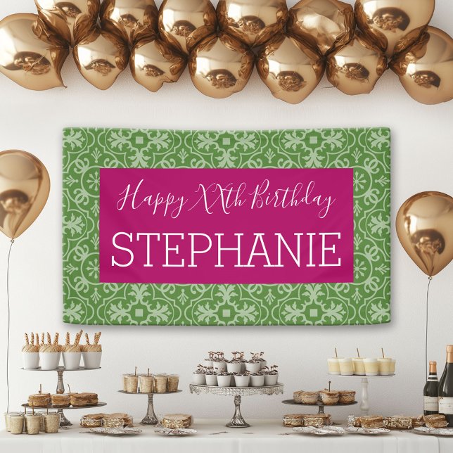 Lona Feliz cumpleaños - Patrona verde rosa (Custom Birthday Banner)