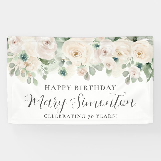 Lona Feliz cumpleaños Personalizado Banner Floral blanc (Horizontal)