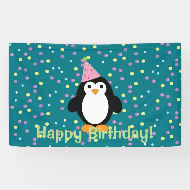 Lona Feliz cumpleaños, Personalizado  Fiesta Penguin (Horizontal)