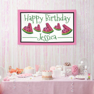 Lona Feliz cumpleaños Pink Watermelon Slice Fruit Picni