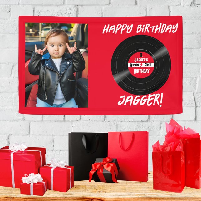 Lona Feliz cumpleaños Rock y Roll Vinyl Record Photo (Vinyl record rock and roll happy birthday photo banner)