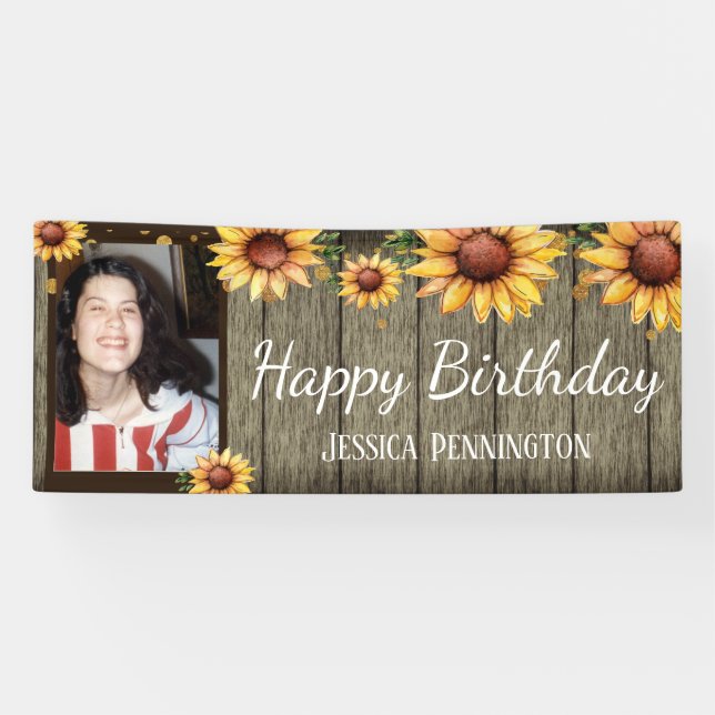 Lona Feliz cumpleaños Rustic Wood Sunflowers One Photo (Horizontal)